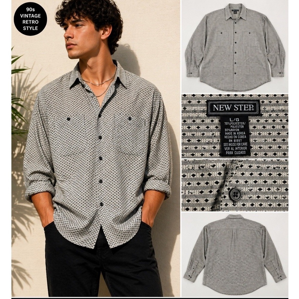 Vintage 90s New Step Geometric Button Up Shirt Mens Large Retro Print